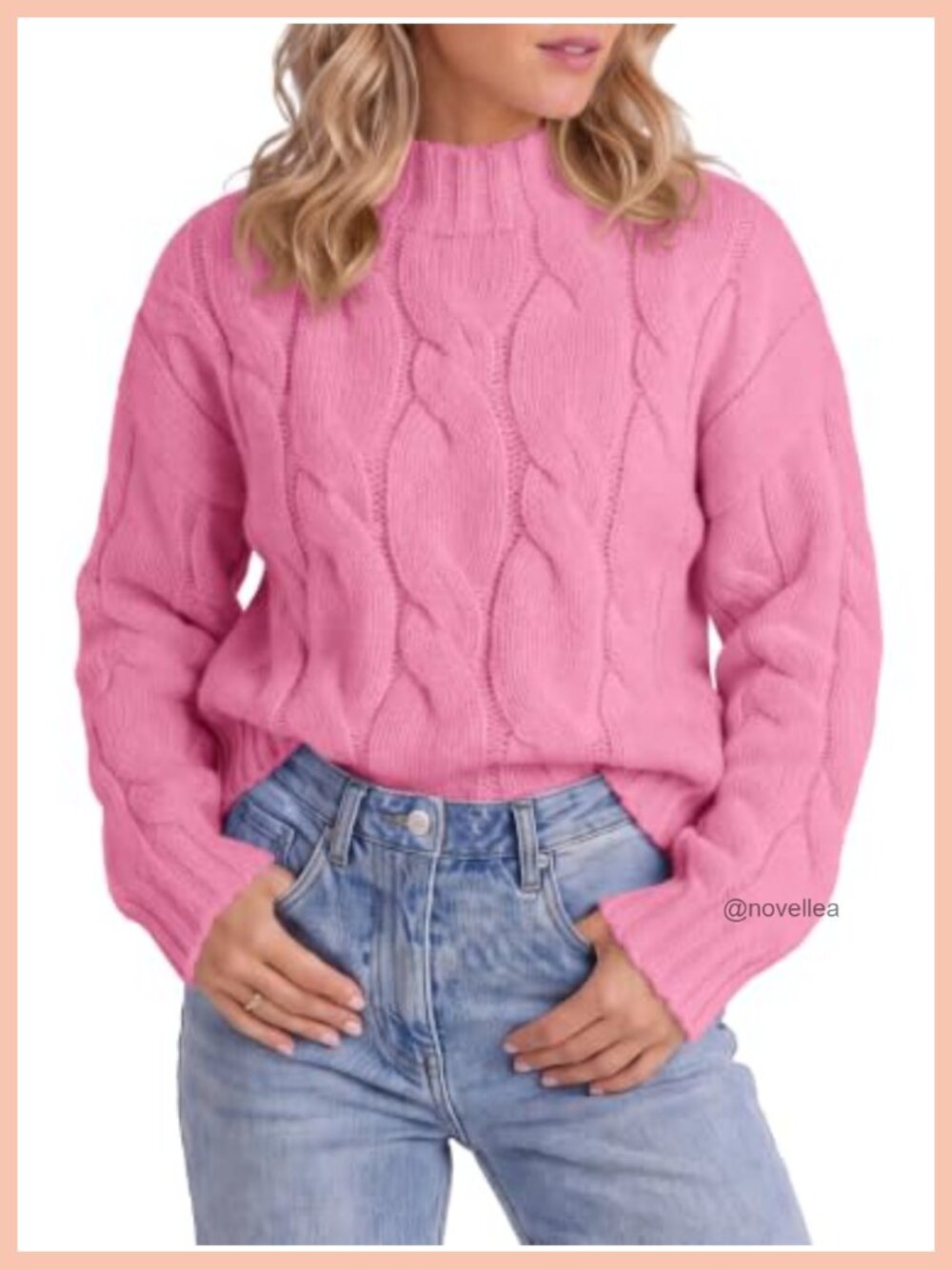 Mock Neck Cable Knit Sweater Loose Fit Pullover Long Sleeve